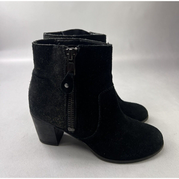Franco Sarto Womens 6.5M Yogi Black Suede Metallic Heel Ankle Boots Side Zip - Picture 2 of 8